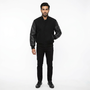 FINER THREADS Men's Winter Breathable Baseball Varsity Bomber Jacket with Embroidery Color Blocking <b>Covered</b> <b>Buttons</b> - Product Image 1