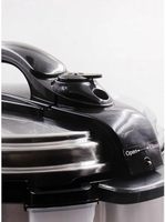 Cuisinière à pression électrique 4-6L en acier inoxydable noir et argent, commande tactile, couvercle verrouillable, cuve intérieure antiadhésive pour soupes, ragoûts et riz
