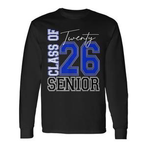 T-shirt à manches longues pour seniors de la classe 2026, design noir et bleu, cadeau de remise de diplôme - Product Image 1