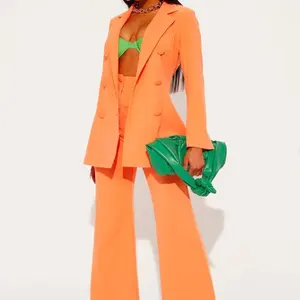 Toptan sonbahar ve kış turuncu kadın 2 parça takım elbise artı boyutu Blazer uzun pantolon dantel kumaş
