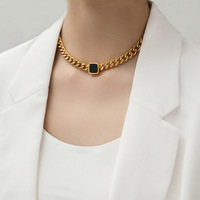 Ensemble de bijoux pour femmes, collier, bracelet et bague en acier inoxydable avec chaîne cubaine dorée et émail noir