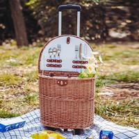 Panier de pique-nique roulant en rotin tressé à la main avec couverts, chariot en osier à roulettes pour le rangement des pique-niques en plein air, à la plage, en camping ou en famille