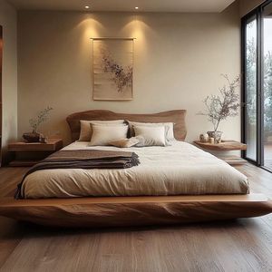 Cadre de lit double en bois massif, structure à mortaise et tenon, style chinois, mobilier de chambre d'hôtel - Product Image 2