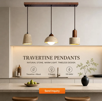 Suspension en travertin naturel, ensemble de 3 pièces avec barre de fixation en bois et abat-jour en forme de cloche et de cylindre pour îlot de cuisine et hôtel