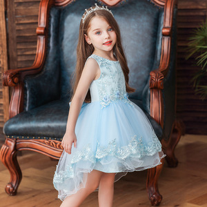 Vestido de Princesa de Tul para Niñas, Color Azul Claro, Corte en A, Bordado con Flores - Product Image 1