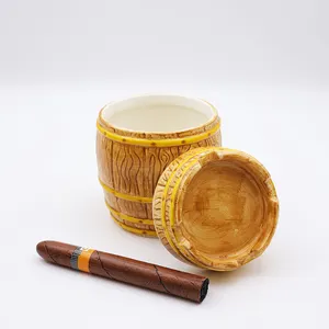 OEM New Originality Design Dual Purpose Ash Trays Custom Wine Barrel Shape Ceramic Mug With Lid Yellow Cigar Ashtray