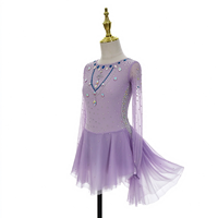 Robe de patinage artistique et de danse pour enfants et adultes, lavande, col rond, manches longues en maille, avec collier en strass au dos, pour compétition et spectacle de patinage sur glace