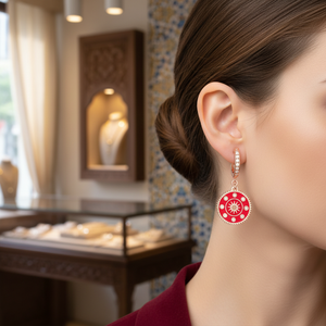 <b>Red</b> Enamel Round Shape CZ 925 Sterling Silver Dangle <b>Earrings</b> Handmade Turkish Fine Jewelry for Women - Product Image 2