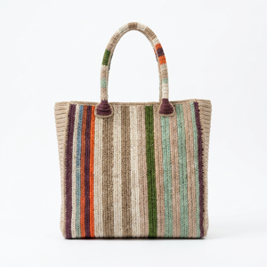 Sac fourre-tout portable en coton rayé au crochet, motif bonbons, style bohème, printemps-été, sac à main de plage pour femme, ouverture supérieure - Product Image 1