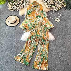 Camisa holgada con estampado de manga farol para mujer, pantalones de pierna ancha plisados de cintura alta, conjunto informal de 2 piezas, moda Sehe - Product Image 6