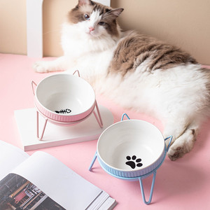 Cuenco de cerámica elevado para mascotas con diseño de pata y pez para gatos, cuenco para alimentación y agua, forma redonda, cuenco de cuello alto - Product Image 3