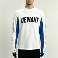 T-shirts thermiques pour hommes à manches longues, coupe carrée, respirants, anti-boulochage, imprimés sérigraphiés, style streetwear, motif patchwork blanc et bleu