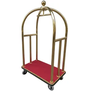 C002 Hotel Golden 4 Wheels Spinner Stainless Steel Bellman Push Crown Luggage Trolley Hospitality Supplies Luggage Cart