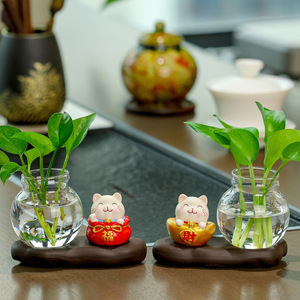 Cute Cartoon Lucky Cat Hydroponic Vase Round Resin Tabletop Decor For Chinese New Year Office Desk Decoration - Product Image 2