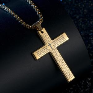 Collar con Colgante <span class=keywords><strong>de</strong></span> Cruz <span class=keywords><strong>de</strong></span> Oración con Versículo Bíblico, Joyería Cristiana <span class=keywords><strong>de</strong></span> Acero Inoxidable Chapado en Oro <span class=keywords><strong>de</strong></span> 18K, Artículos Religiosos Católicos para Hombre - Product Image 3