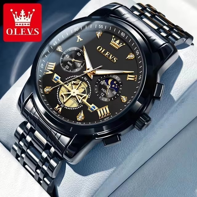 OLEVS 2856 Men's Japan Quartz Skeleton Flywheel Chronograph Classic Fashion Top Brand Sport Watch Moon Phase Waterproof Watches