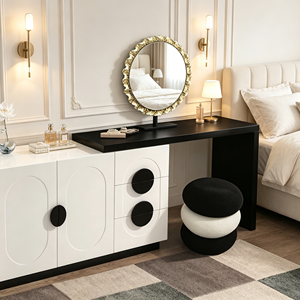 Ensemble de coiffeuse moderne avec miroir rond, armoire blanche et tabouret noir, table de maquillage pour chambre à coucher - Product Image 1