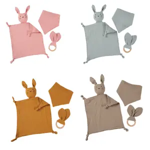 Personalised bunny baby comforter organic cotton muslin security blanket with teether for babies