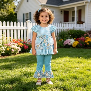GSPO2282 rts Little Active Girl, tenue pour fille à imprimé fleurs bleues, ensemble sans manches pour enfants, vente en gros, ensemble pour fille - Product Image 1