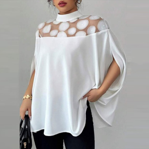 T-shirt a <span class=keywords><strong>pois</strong></span> larghe con maniche a pipistrello con collo alto a giuntura a Modulare Casual in pizzo intrecciato tinta unita trasparente - Product Image 2