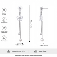 Anting-anting bahan kuningan ZIRCON lapis perak/emas, anting-anting gantung Korea dengan hiasan bunga zircon dan mutiara untuk wanita