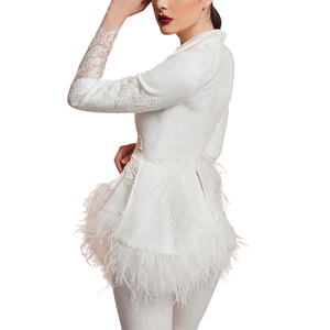 Veste col en V personnalisée de haute qualité boutonnée Polyester Nylon garniture d'autruche Pure soie Tulle français Chantilly dentelle veste - Product Image 1