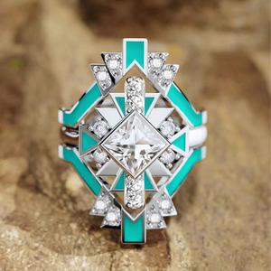 Anello da Cocktail Geometrico T0871 in Argento 925 con Diamante Taglio Principessa e Montatura a Castone, Anelli Raffinati da Donna per Matrimonio - Product Image 2