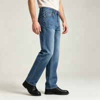 Jeans coupe droite pour homme, denim bleu délavé, cinq poches, fabrication OEM ODM, sourcing de tissus, style personnalisé, pantalon