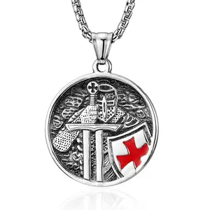 Custom Stainless Steel Cross Knights Templars Pendant Necklace Men Unique Exquisite Vintage Knight Warrior Helmet Shield Pendant