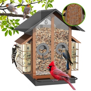 Mangiatoia per Uccelli 2 in 1 con Semi Misti e Doppia Gabbia in Metallo, Tetto Impermeabile per Fringuelli, Cardinali e Cinciali - Product Image 1