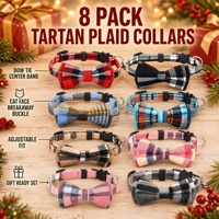 Collier pour chat à motif écossais, lot de 8, avec nœud papillon central, boucle de sécurité détachable, clochette, réglable, ensemble cadeau pour chaton