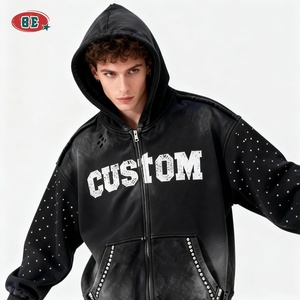 Moletom Masculino com Strass, Lavagem Ácida, Estilo Desgastado, Essencial para Streetwear, Moletom de Alta Qualidade, Oversized, com Zíper - Product Image 1
