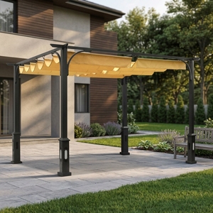 <span class=keywords><strong>Pavillon</strong></span> d'extérieur en aluminium avec toit en finition imitation bois - Gazebo à toit surélevé - Tente <span class=keywords><strong>de</strong></span> patio robuste pour jardin, pelouse - Product Image 4