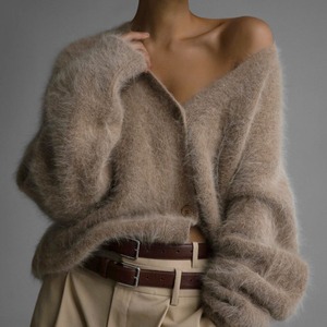 2026 Neuerscheinung Herbst Damen V-Ausschnitt Knopfleiste Flauschige Gestrickte Acryl Einfarbige Strickjacke Langarm Locker Lässig Weicher Pullover - Product Image 1