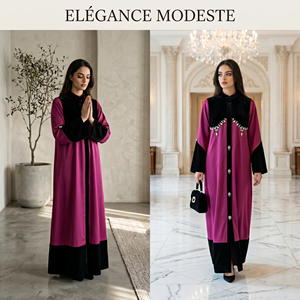 Abaya de luxe pour femme, couleur violet baie, maxi, avec bordure en velours et devant perlé, pour l'Aïd, tenue de boutique pour occasions spéciales - Product Image 5