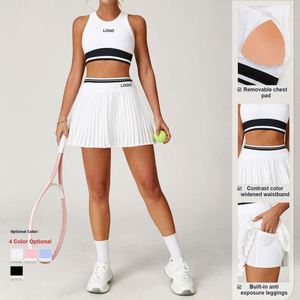 Custom High Quality Nude Tennis Suit Quick-Drying High Waist Yoga Wear Women Anti-Exposure Running Fitness Workout <b>Skirts</b> Set - Product Image 3