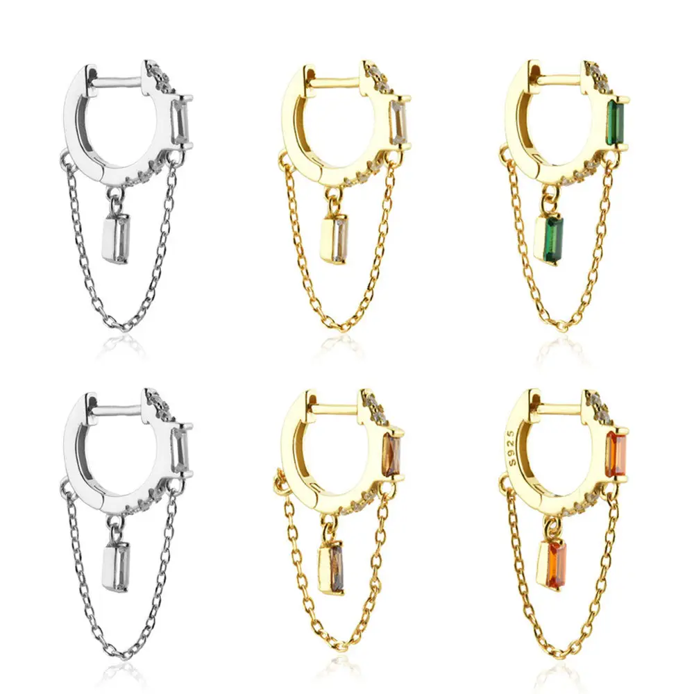 Sparkling Style Baguette Cz Charm Dangling Chain Hoop 925 Silver Handmade Earrings