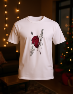 T-shirt Unisex con Stampa Teschio che Tiene un Cuore, in Cotone Morbido, Vestibilità Comoda, Manica Corta, Girocollo, Lunghezza Regolare, Stampa Serigrafica Frontale - Product Image 2