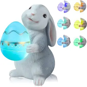 Hars Tuinbeeld Konijnentuin Beeldjes Easter Bunny Decoraties Met Zonne-Licht Voor Patio Tuin Gazon Veranda