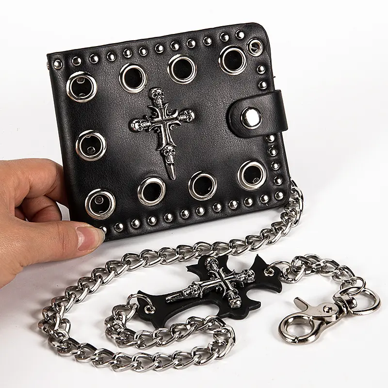 Leather Wallet for Men Women with Skull Cross Chain Biker Trucker Wallet Black Classic Leather Biker Wallet With Chain