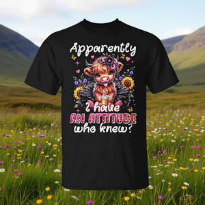 Apparemment, j'ai une attitude, t-shirt avec motif vache des Highlands, design sarcastique, noir, taille adulte - Product Image 3