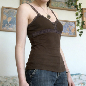 Lace Trim Knit Camisole V Neck Tank Top Women <b>Spaghetti</b> <b>Strap</b> Slim Fit Y2K Retro Casual Versatile Summer Top - Product Image 5