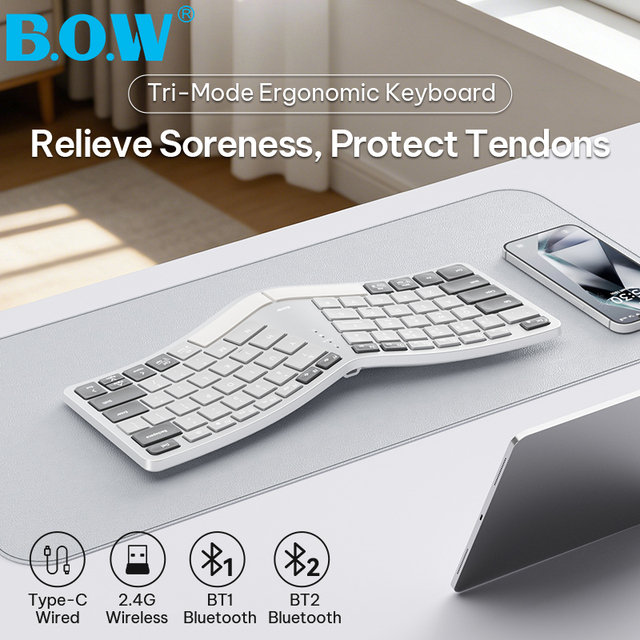 BOW HD429CL Ergonomic 3-Mode Wireless Keyboard - Silent Office Typing Accessory for Pad, Mobile Phone & Laptop