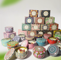 Coffret cadeau de bougies en cire de soja dans des boîtes rondes en métal, luxueuses et écologiques, parfaites pour les mariages, les anniversaires.
