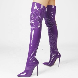 Botas de cuero fluorescente de tacón de aguja con cremallera trasera, hechas a medida, talla grande 47, sexys, para mujer, por encima de la rodilla - Product Image 1