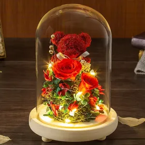 Caja de regalo Moss Bear Rose Ramo de flores secas Regalos creativos para el día de la madre Cubierta de vidrio Flor eterna