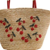Nouveau Sac de Plage Seau à Bandoulière YCH 2025 – Broderie Lourde, Fermeture Ouverte, Doublure Polyester, Paille Tressée, Motif Cerise, Porté Main
