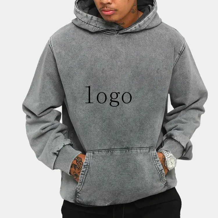 Wholesale custom logo 400gsm pull over hoodies men heavy acid wash hoodies oversized stone vintage washed hoodie blank