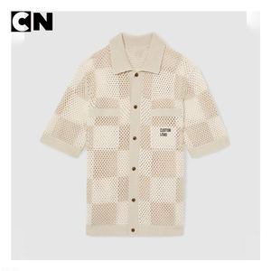 BSCI Certification Sweater Manufacturer Custom <b>Men</b> Cotton Short Sleeve Vintage Knit <b>Cardigan</b> Sweater Chequerboard Crochet Shirt - Product Image 4