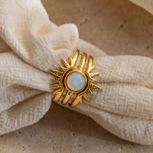 Sun Shape Gold Tone <b>Ring</b> With <b>Opal</b> Stone Bezel Setting Unisex Jewelry Gift - Product Image 2